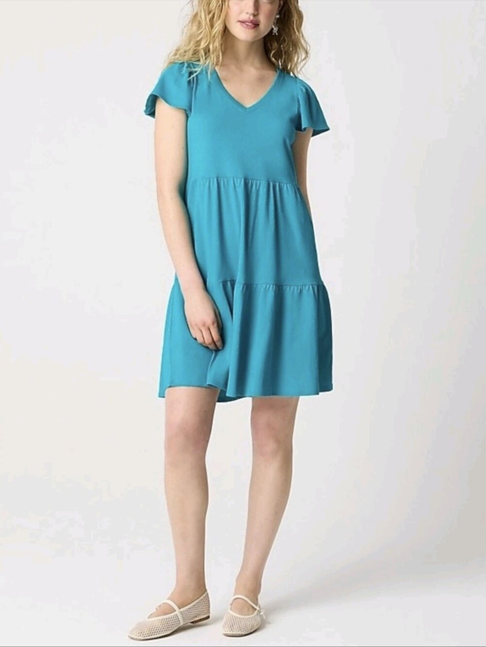 J. Crew Teal Tiered V-Neck, Flutter Sleeved Dress. Size Small.